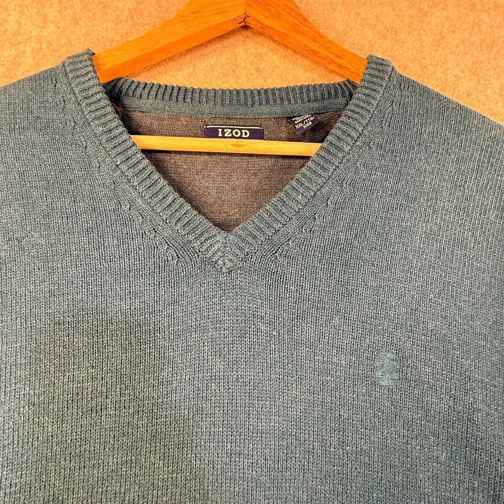 IZOD Mens V-Neck Sweater Blue Heathered Knit Pullover XXL Long Sleeve Logo - Picture 6 of 7